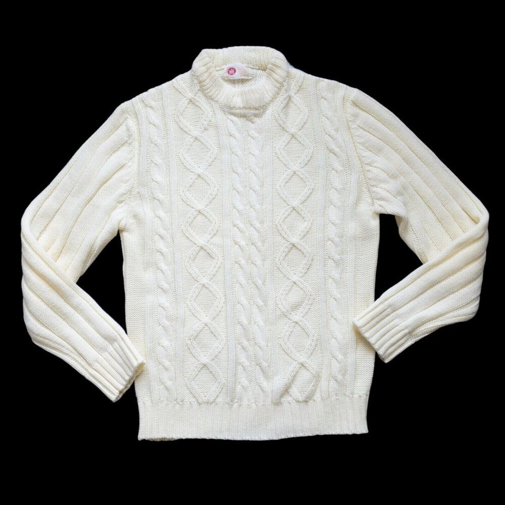 Sears Kings Road Vintage 70s‎ Fisherman Sweater Cream Diamond Knit Thick Crew XL